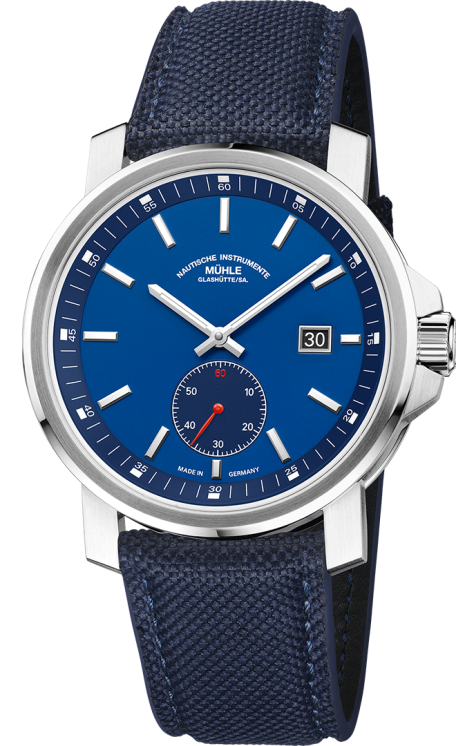 Frontalansicht der Herrenarmbanduhr 29er Big Kleine Sekunde mit tiefblauem Zifferblatt und Rehaut im silbernen Gehäuse am blauen Canvasband.