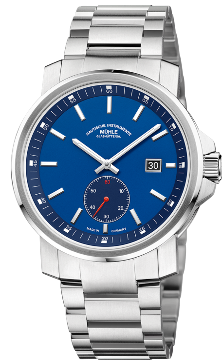 Frontalansicht der Herrenarmbanduhr 29er Big Kleine Sekunde mit tiefblauem Zifferblatt und Rehaut im silbernen Gehäuse am Metallband.