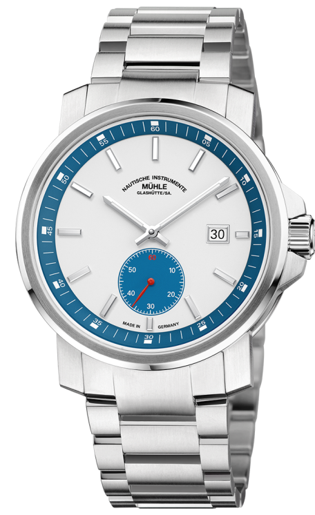 Frontalansicht der Herrenarmbanduhr 29er Big Kleine Sekunde mit weißem Zifferblatt, petrolfarbenem Hilfszifferblatt und Rehaut im silbernen Gehäuse am Metallband.