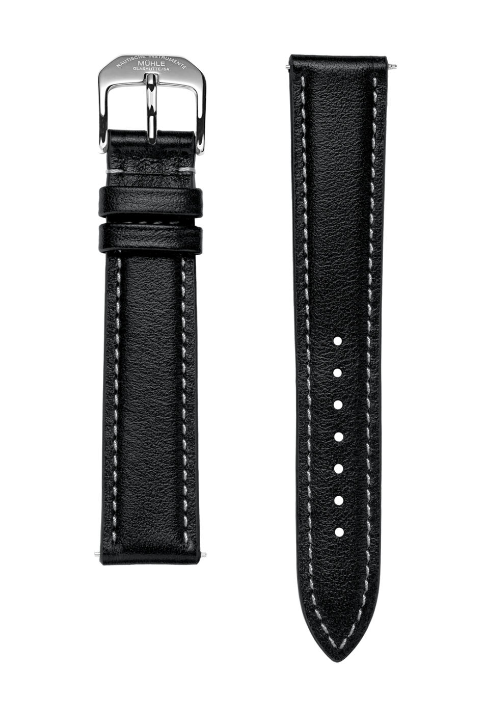 Close-up of a black leather strap with white contrast stitching for the 29er.