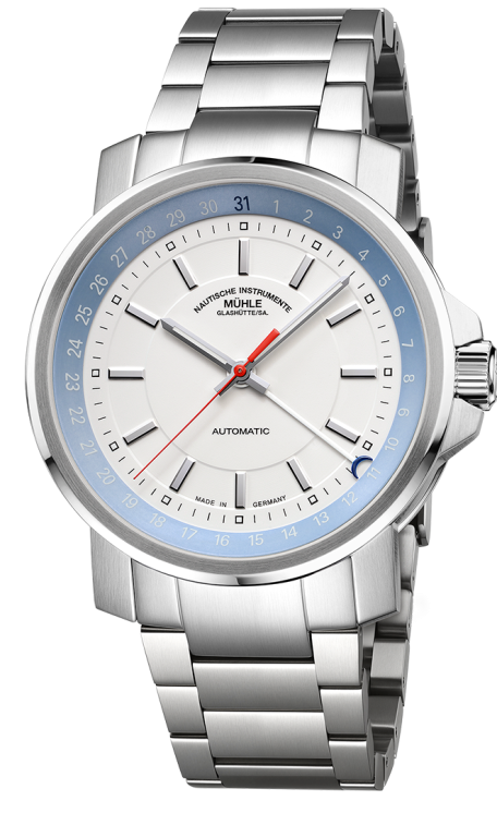 Frontalansicht der 29er Zeigerdatum am Metallband. Dreizeiger-Uhr mit Zeigerdatum, weißem Blatt und hellblauem Rehaut.