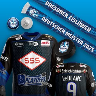 Fanpaket der Dresdner Eislöwen mit Trikot, Schal, Puck und Pin