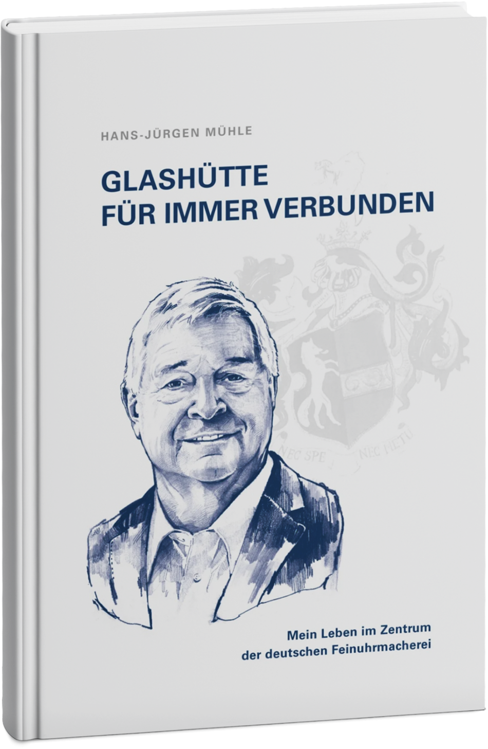 Biografie von Hans-Jürgen Mühle mit blauer Zeichnung des Porträts von Hans-Jürgen Mühle