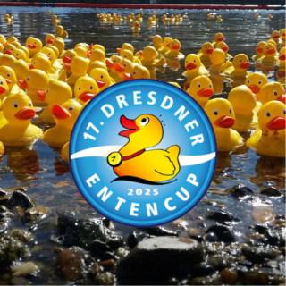 Zahlreiche gelbe Quietscheenten schwimmen auf einem Fluss. Im Vordergrund das Logo des Dresdner Entencups.