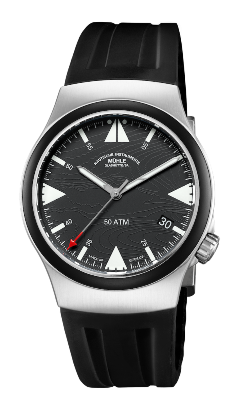 Frontalansicht der Armbanduhr S.A.R. Mission-Timer "160 Jahre DGzRS" mit strukturiertem dunkelgrauem Zifferblatt, weißen Indizes, mattsilbernem Gehäuse und schwarzer Kautschuklünette am schwarzen Kautschukband.