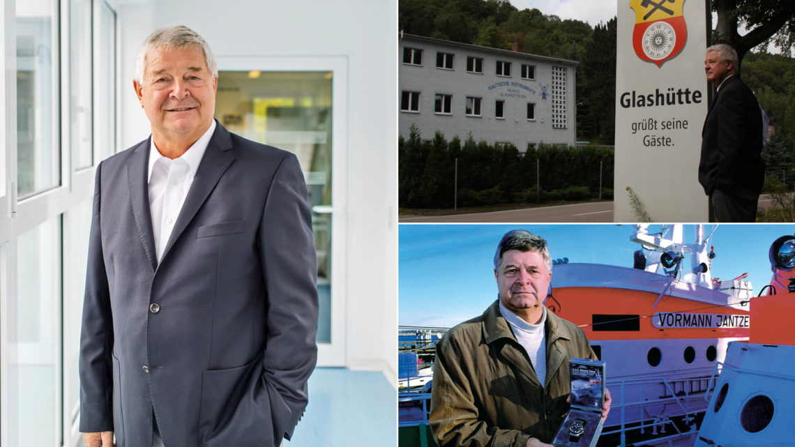 Collage mit Bildern von Hans-Jürgen Mühle. Links: Stehend in gläsernem Durchgang. Rechts Oben: Vor dem Ortseingangsschild von Glashütte mit Blick auf die Manufaktur "Mühle-Glashütte". Rechts unten: Bei der Übergabe des ersten S.A.R. Rescue-Timers, dahinter ein Seenotrettungskreuzer.