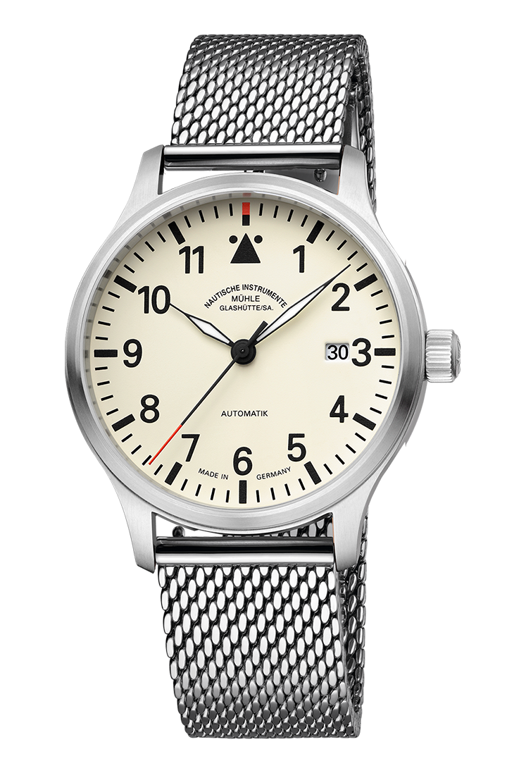 Terrasport II Creme: Fliegeruhr mit cremefarbenem Zifferblatt, silbernem Gehäuse und stahlfarbenem Milanaiseband.