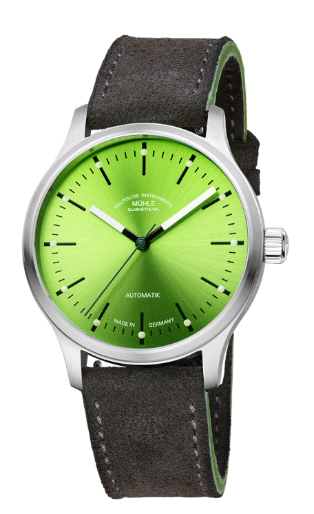 Frontalansicht der Armbanduhr Panova Limettengrün mit leuchtend grünem Zifferblatt, silbernem Gehäuse und anthrazitfarbenem Veloursband mit grüner Kontrastnaht.