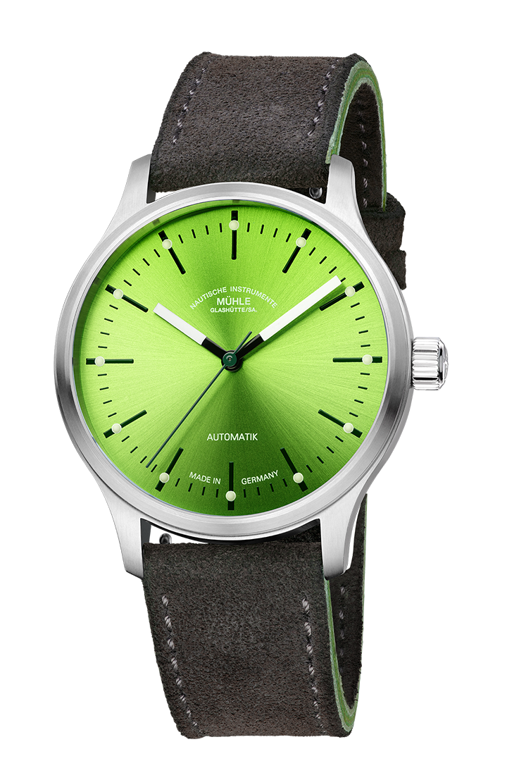 Frontalansicht der Armbanduhr Panova Limettengrün mit leuchtend grünem Zifferblatt, silbernem Gehäuse und anthrazitfarbenem Veloursband mit grüner Kontrastnaht.