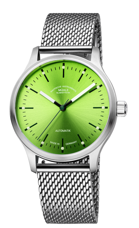 Frontalansicht der Armbanduhr Panova Limettengrün mit leuchtend grünem Zifferblatt, silbernem Gehäuse und Metallband
