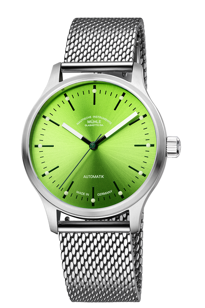 Frontalansicht der Armbanduhr Panova Limettengrün mit leuchtend grünem Zifferblatt, silbernem Gehäuse und Metallband