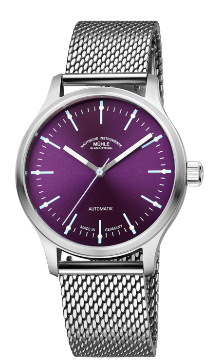 Frontalansicht der Armbanduhr Panova Violett mit violettem Zifferblatt, silbernem Gehäuse und silbernem Milanaiseband.