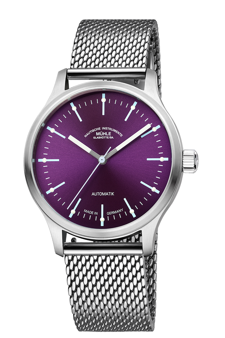 Frontalansicht der Armbanduhr Panova Violett mit violettem Zifferblatt, silbernem Gehäuse und silbernem Milanaiseband.