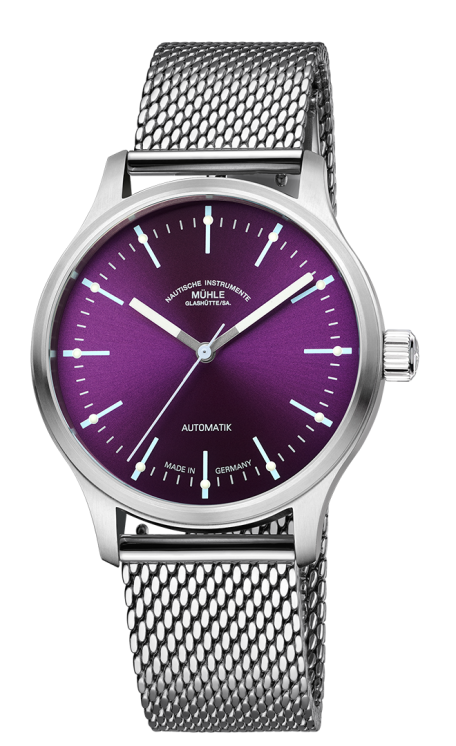 Frontalansicht der Armbanduhr Panova Violett mit violettem Zifferblatt, silbernem Gehäuse und silbernem Milanaiseband.