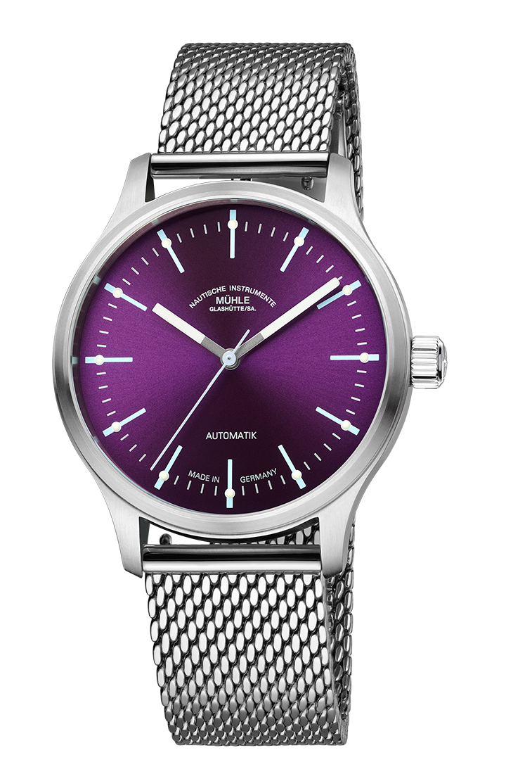 Frontalansicht der Armbanduhr Panova Violett mit violettem Zifferblatt, silbernem Gehäuse und silbernem Milanaiseband.