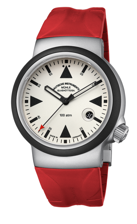 Frontansicht S.A.R. Rescue-Timer LUMEN. Dreizeigeruhr mit nachleuchtendem Zifferblatt an rotem Kautschukband.