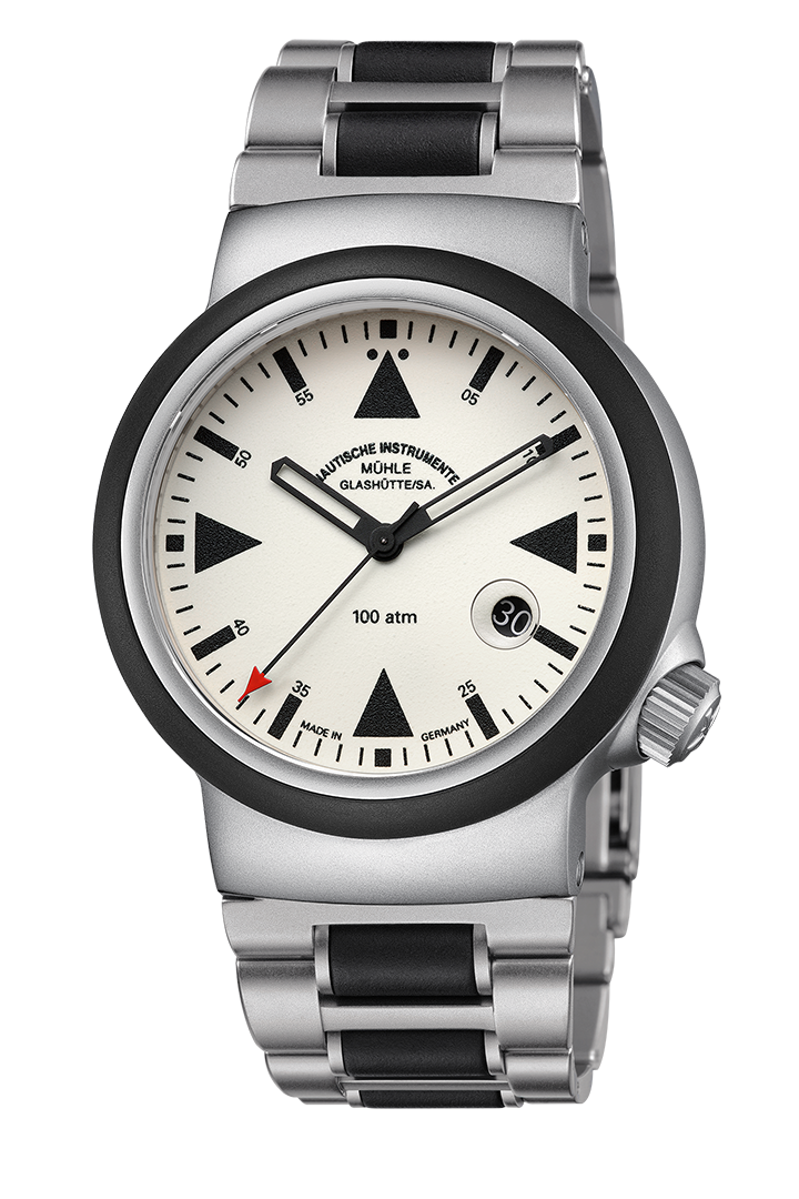 Frontansicht S.A.R. Rescue-Timer LUMEN. Dreizeigeruhr mit nachleuchtendem Zifferblatt an Metallband mit Kautschukelementen.