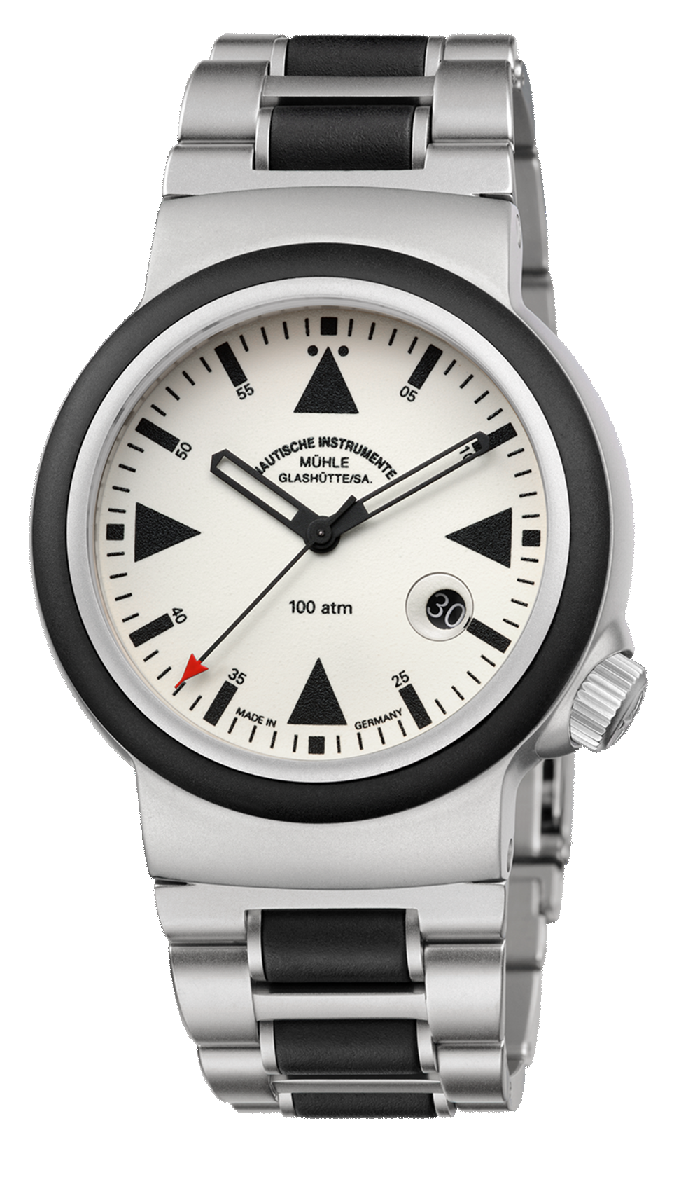 S.A.R. Rescue-Timer LUMEN: Uhr mit cremefarbenem Zifferblatt und stahlfarbenem Gehäuse am Stahl-Kautschukband.