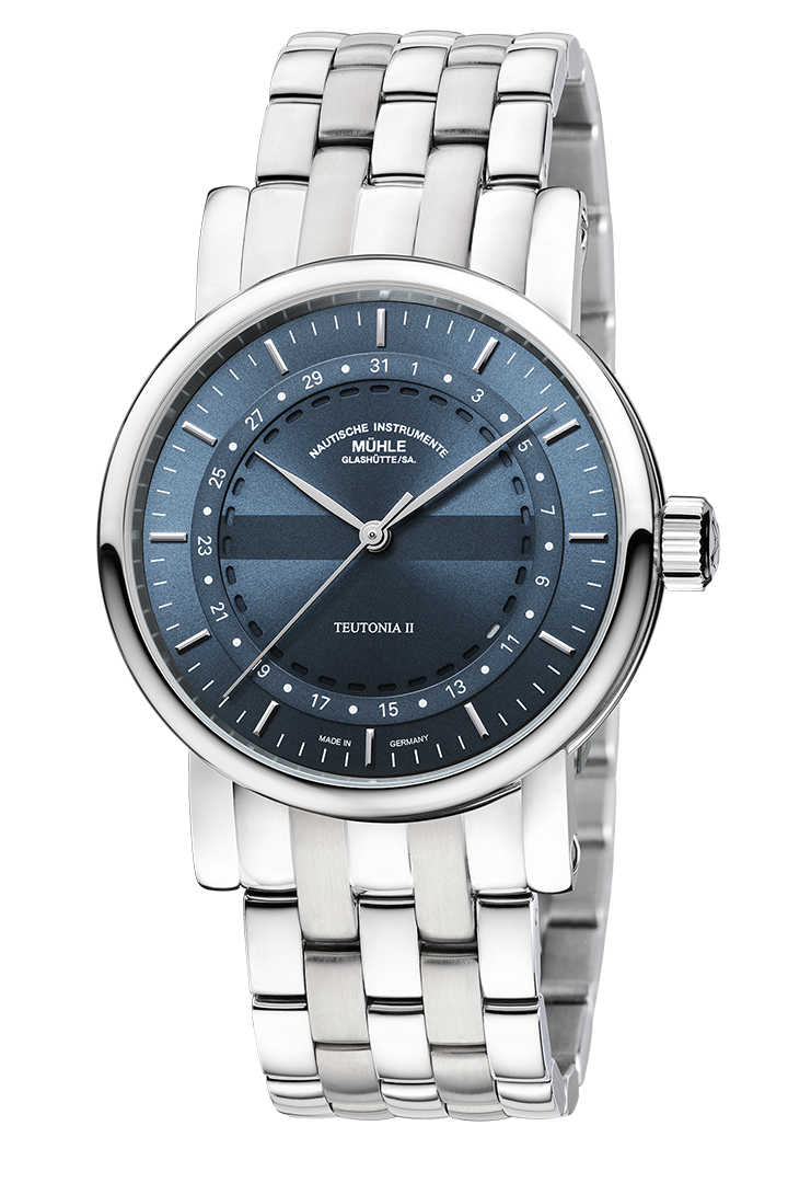 Frontalansicht Teutonia II Ringdatum - Dreizeiger-Uhr mit graublauem Zifferblatt auf dem ringförmig das Datum angeordnet ist. Edelstahlband.