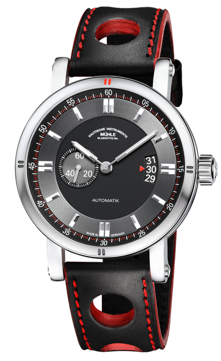 Teutonia Sport II: Frontalansicht einer Armbanduhr mit schwarzem Zifferblatt und einem Hilfszifferblatt, silbernem Gehäuse und schwarz-rotem Lederband.