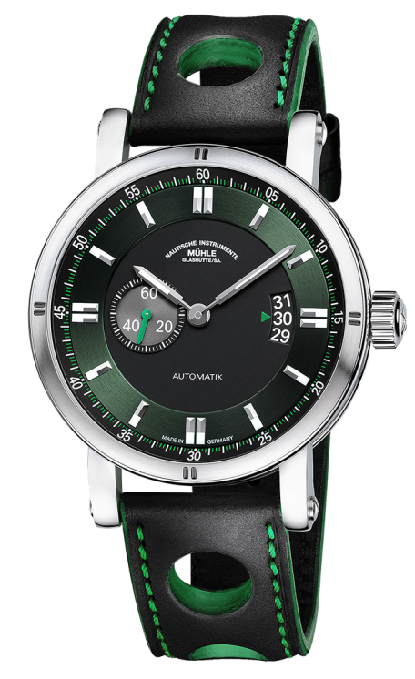 Teutonia Sport II: Frontalansicht einer Armbanduhr mit grünem Zifferblatt, dezentraler Sekundenanzeige, silbernem Gehäuse und schwarz-grünem Lederband.