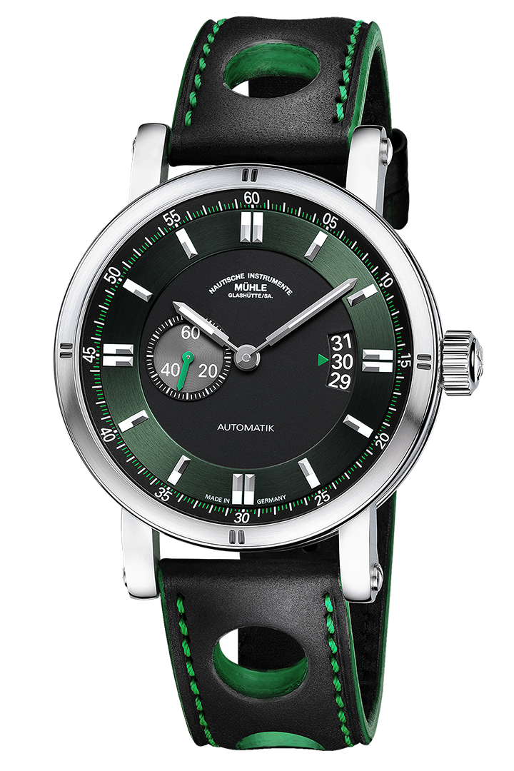 Teutonia Sport II: Frontalansicht einer Armbanduhr mit grünem Zifferblatt, dezentraler Sekundenanzeige, silbernem Gehäuse und schwarz-grünem Lederband.
