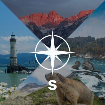 Kompassrose, die auf den Buchstaben "S" zeigt. Im Hintergrund Naturaufnahmen, Berge und ein Murmeltier.