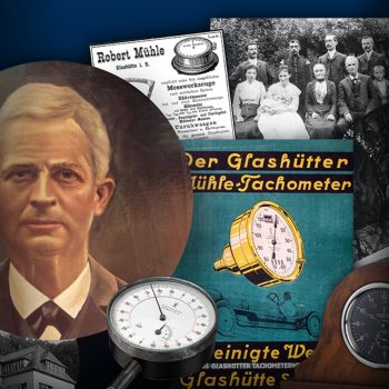 Kollage von Plakaten, Familienbildern und Messwerkzeugen aus der Geschichte von Mühle-Glashütte