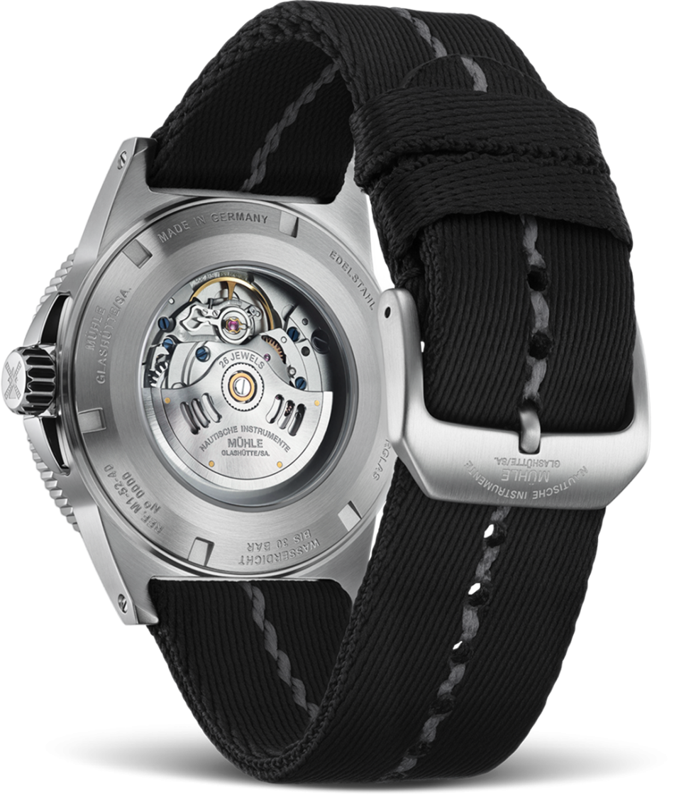 Rückansicht der Sportivo Großdatum - Blick ins Werk durch Saphirglasboden, mit Mühle-Rotor